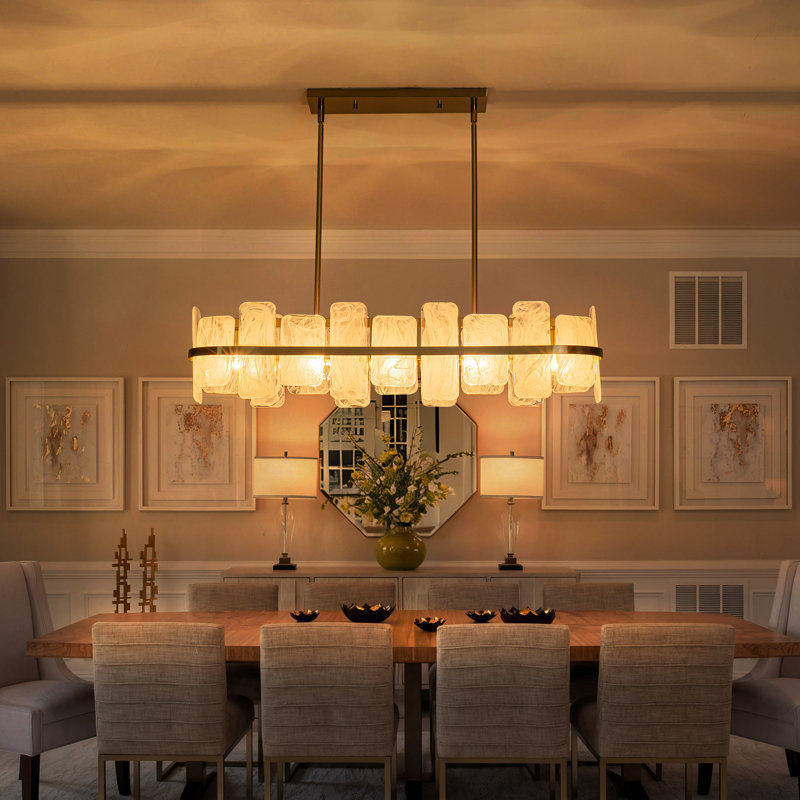 Brushed Brass Linear Chandelier 37" With Handcrafted Cloud-Textured Glass Panels, 5-Light Modern Kitchen Island Light, Adjustable Height Up To 72", E26 Base, UL/ETL Listed For Dining Room Living Room