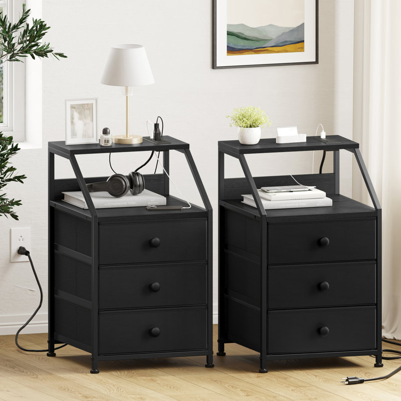 Travison Nightstands with 3 Drawers & Outlets, Bedside Tables with 2 USB Ports & 2-Tier Open Shelf, Black, Set of 2