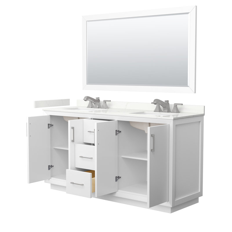 Strada 66'' W Double Vanity, Giotto Quartz, White, Brushed Nickel