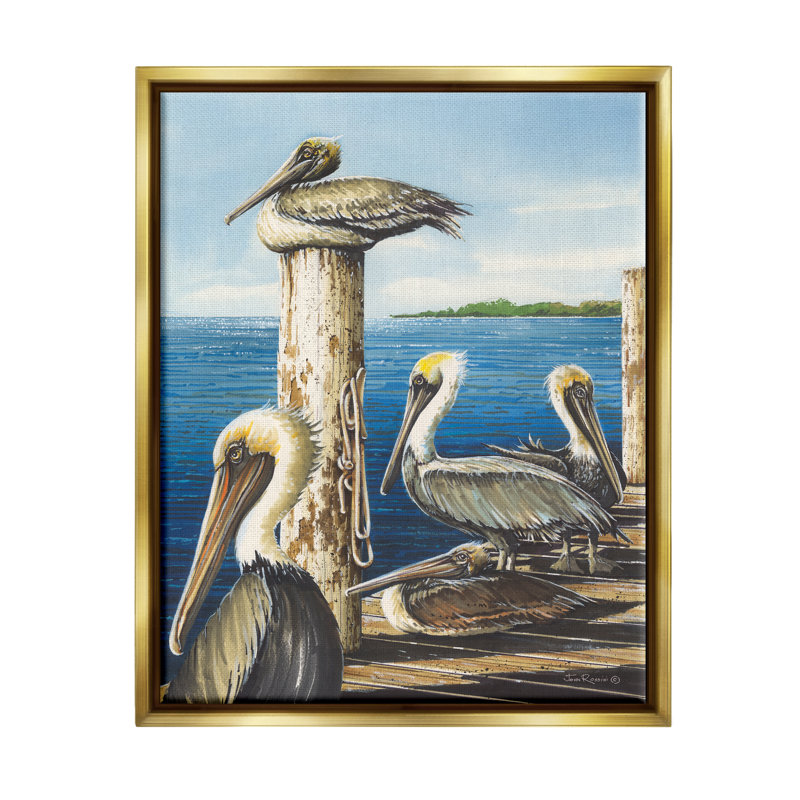 «Dovecove Pelicans On Marine Dock», art mural encadré par John Rossini, H 21 po x l 17 po x P 1,7 po