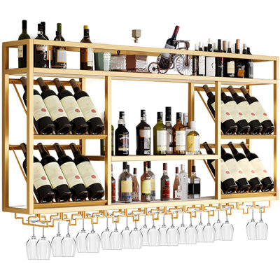 Wall Mounted Wine Racks With Glass Holder, 3 Tier Wine Storage Display Rack, Floating Rustic Metal Bar Liquor Shelves, For Home Bar, Wine Kitchen Storage (Gold, 47.24X27.55X9.8In)