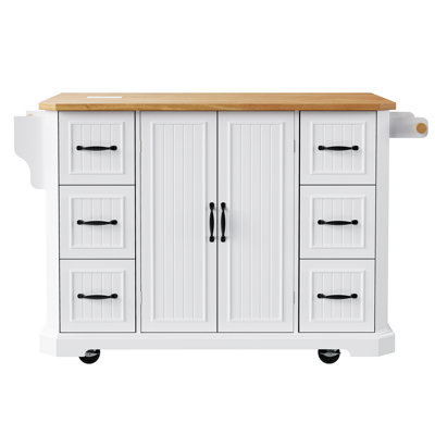 56 Inch Kitchen Island with Drop Leaf, Power Outlet, Shelves, and Drawers, Perfect for Modern Kitchens and Dining Rooms