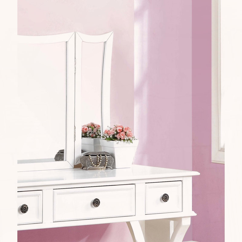 Ensemble de coiffeuse unique avec miroir pliable et tabouret rembourré Unique, Blanc