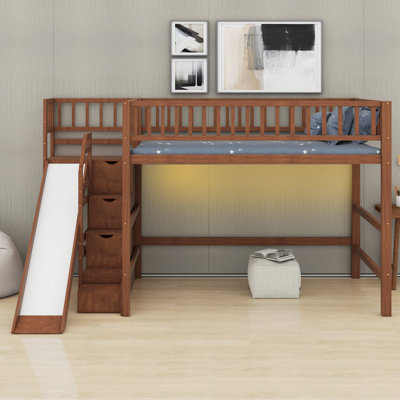 Lit mezzanine en bois pour enfants avec escalier de rangement, glissade, lumières DEL