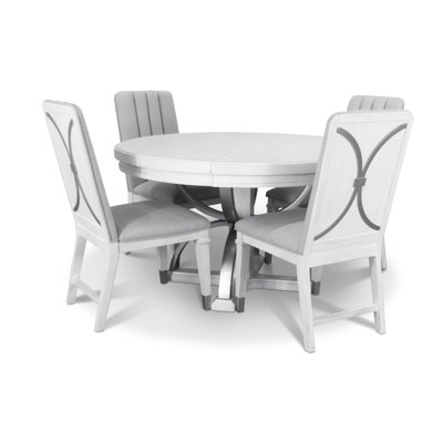 Point Breeze - Table de salle à manger ronde avec métal et feuille de 20 po (52 po à 72 po) - Blanc frais avec finition glacis gris doux