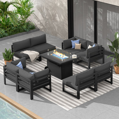 9-Piece 8-Person Outdoor Patio All-Aluminum Sectional Conversation Set with 60,000 BTU Fire Pit Table and Cushions