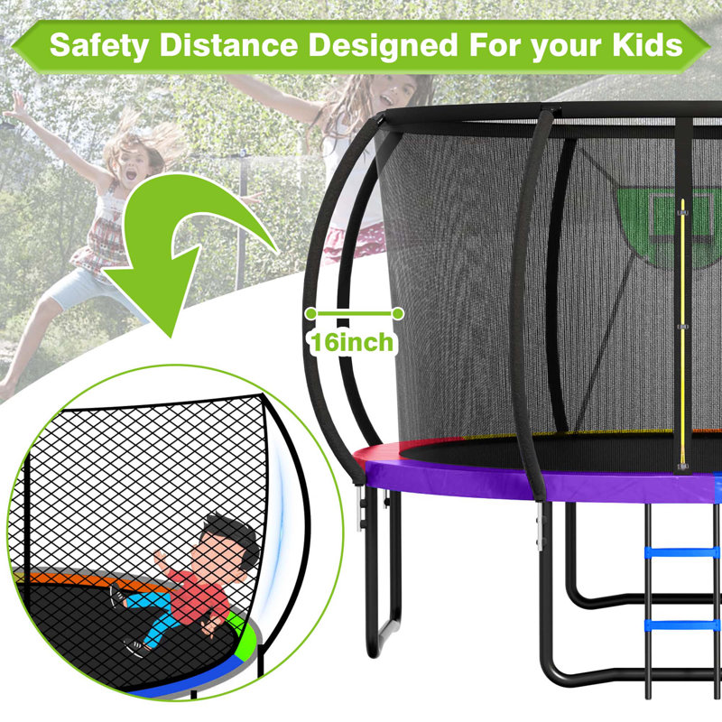 Trampoline de cour arrière de 16 pi avec enceinte de sécurité, Rouge / bleu / orange / jaune / mauve / vert