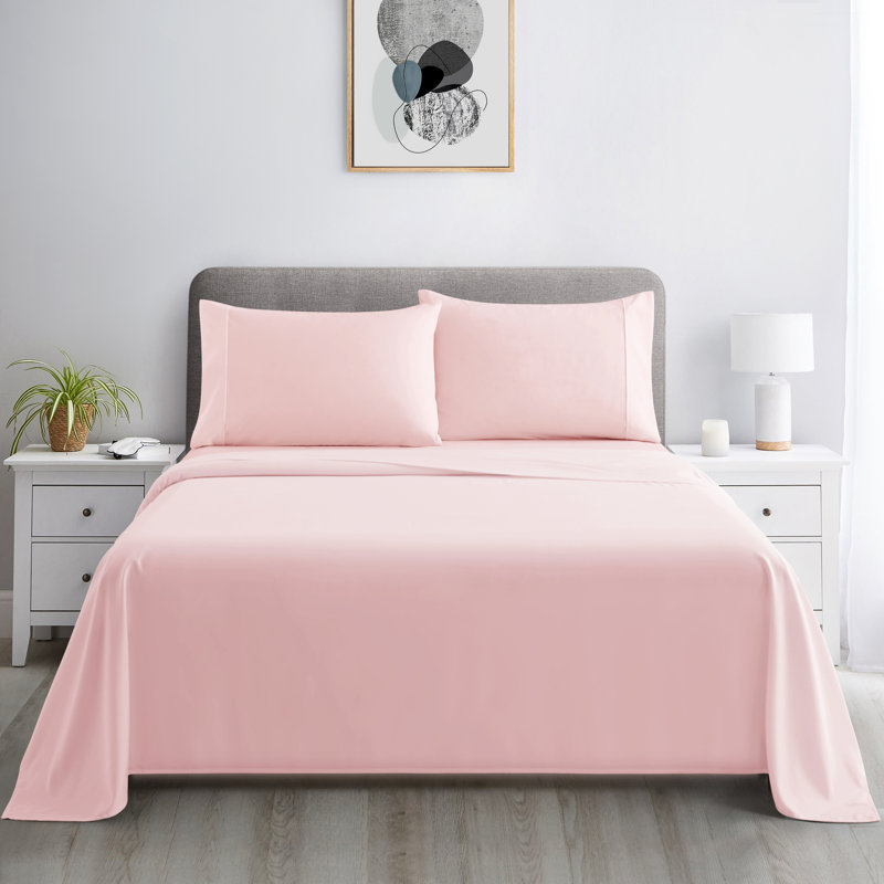 Ensemble de draps en coton 4 pièces avec 4 taies d'oreiller pour lit double en coton percale de couleur unie Marina, Rose