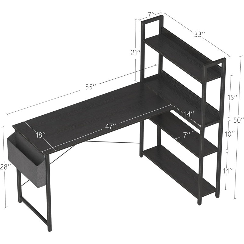 Orrum L-Shaped Metal Base Computer Desk, 29.5" H x 55" W x 18.9" D, Black