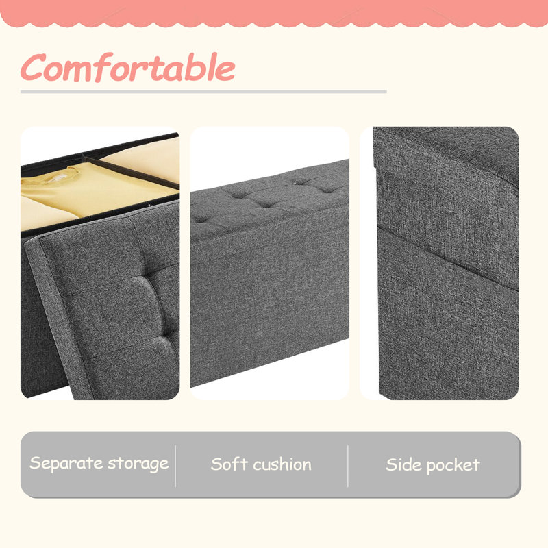 Banc de rangement avec repose-pieds pliable, banc de bout de lit avec sacs latéraux, coffre de rangement pliant rembourré pouvant supporter 660 lb