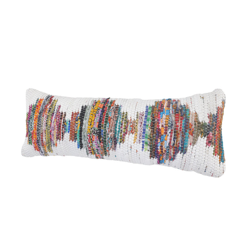 Multicolored Geometric Chindi Cotton Throw Pillow, 14" x 36"