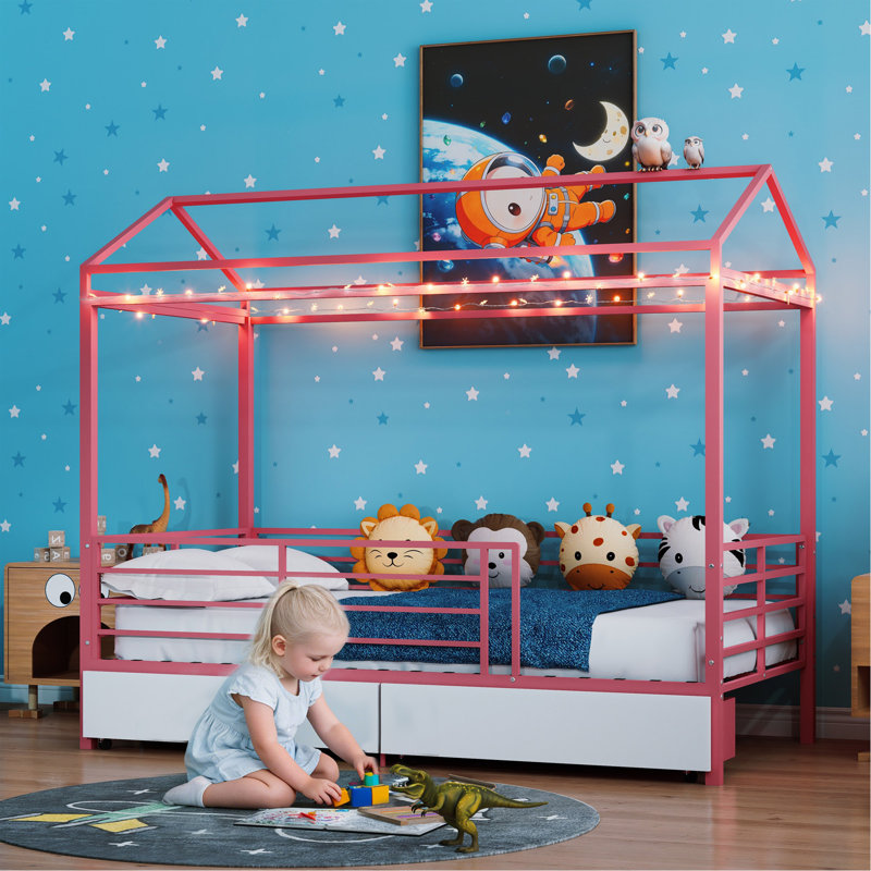 Lit de maison pour enfants, lit de plancher pour garçons, cadre de lit avec toit, aucun sommier nécessaire rose