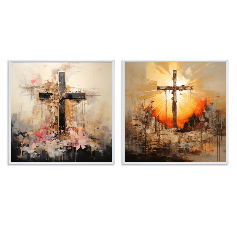 Minimalisme floral, croix religieuse - ensemble de 2 collages carrés, Cadre flottant blanc, H 16 po x l 33 po