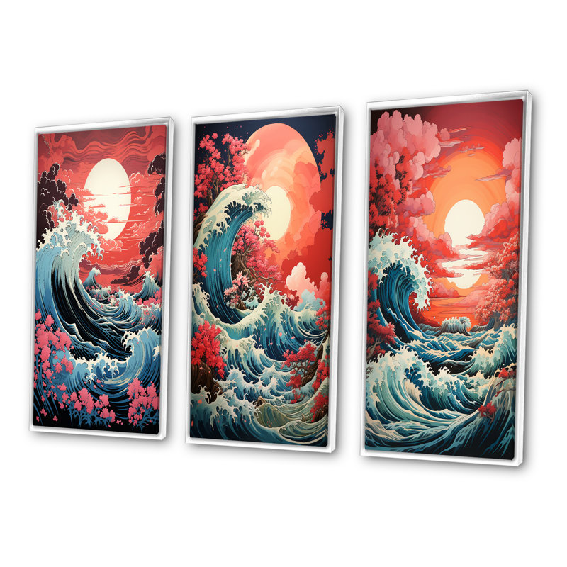 «Dramatic Ocean Waves», 3 pièces sur toile, Cadre flottant blanc, H 20 po x l 36 po