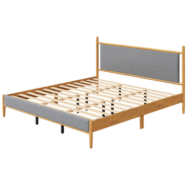 Mid-Century Modern Upholstered Platform Bed Frame with Padded Headboard, Solid Rubberwood – King, King