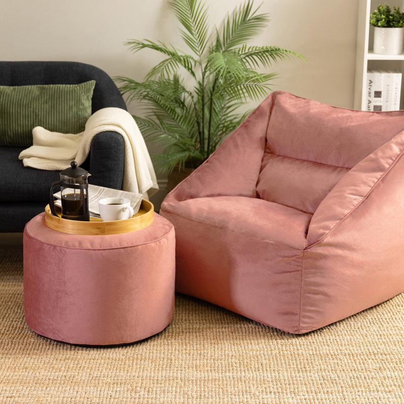 Natalia Velvet Armchair Bean Bag and Round Footstool, Dusk Pink