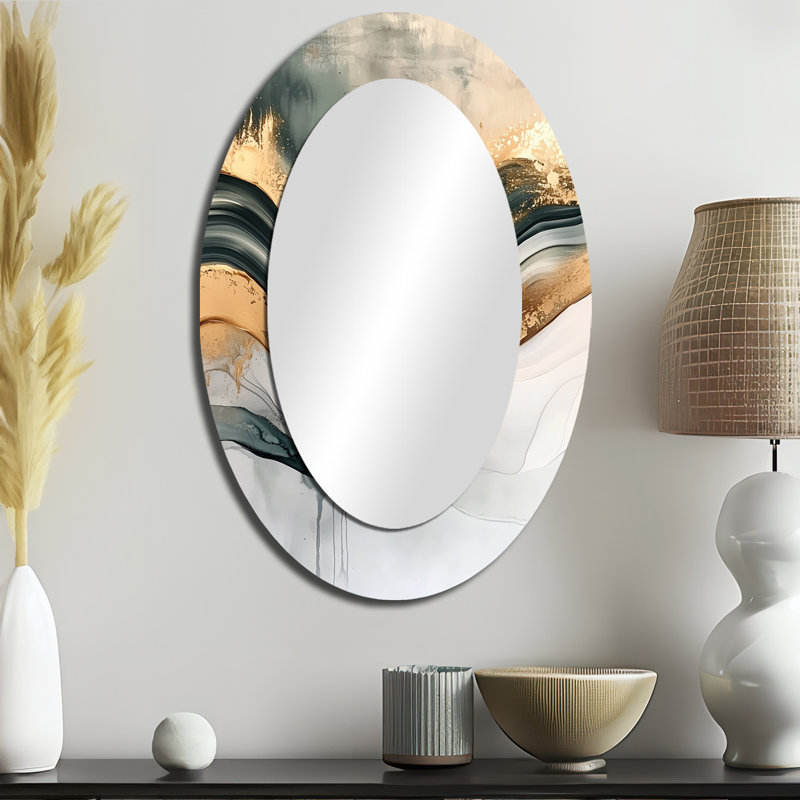 Silent Melody Of Golden Hard Edge Ink II - Gold Modern Oval Wall Mirror, 36" x 24"