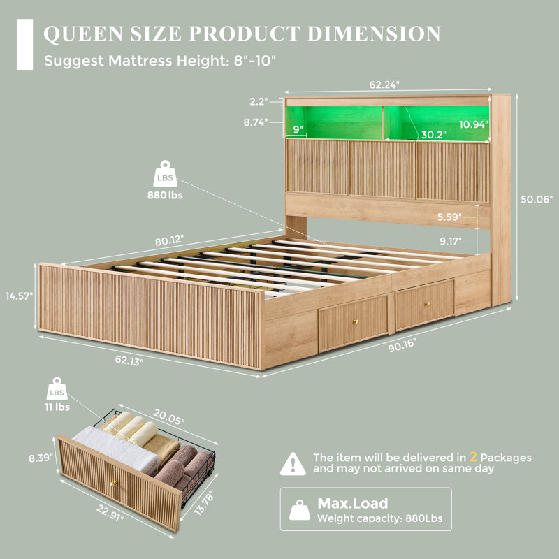 Bed Frame with Storage Headboard, LED Lights/Storage Headboard Charging Station, Modern 4-Drawers with Fluted Queen Size Wood Platform Bed Frame