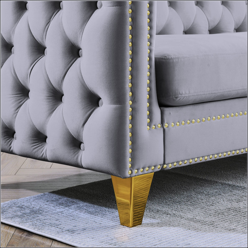 Canapé en velours, Gris, H 29 po x l 80,5 po x P 30,5 po, 3