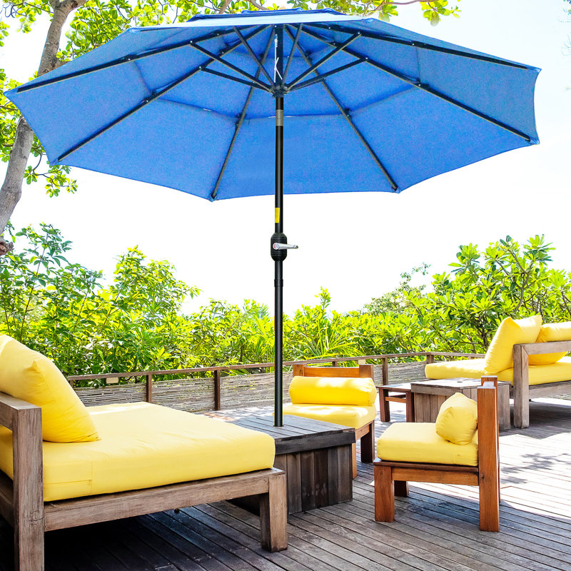 Parasol d'extérieur 9 pi avec tissu bleu foncé et manivelle, pour terrasse de patio 9 pi 3 po - bouton à manivelle inclinable, jardin