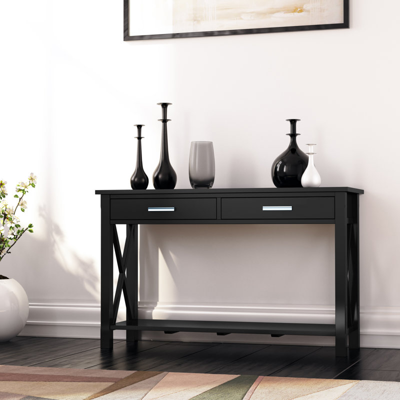 Kitchener 47"W Solid Wood Contemporary Sofa Table with 2 Drawers, Bottom Shelf and X-Design Side Panels, Black