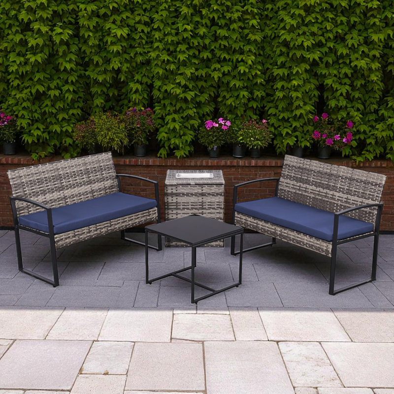 Ensemble de conversation d'extérieur en osier pour 4 personnes avec coussins et table d'appoint avec seau à glace