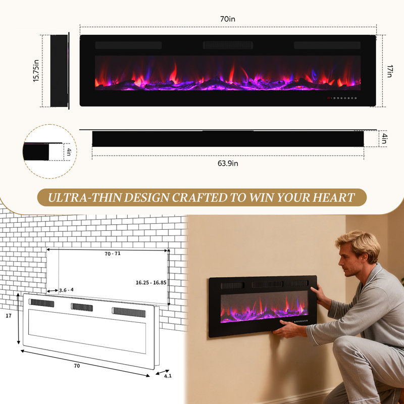 Chaufferette électrique ultra-mince 40 "/ 50" / 60 "/ 70" - Encastrée et murale avec minuterie, 750 W / 1 500 W, flamme réglable, écran tactile et télécommande