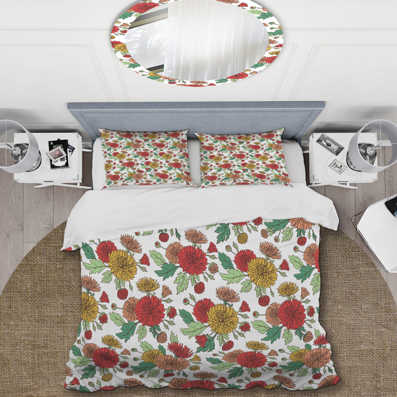 Fleur rouge et feuille verte - ensemble de housse de couette floral - microfibre de polyester