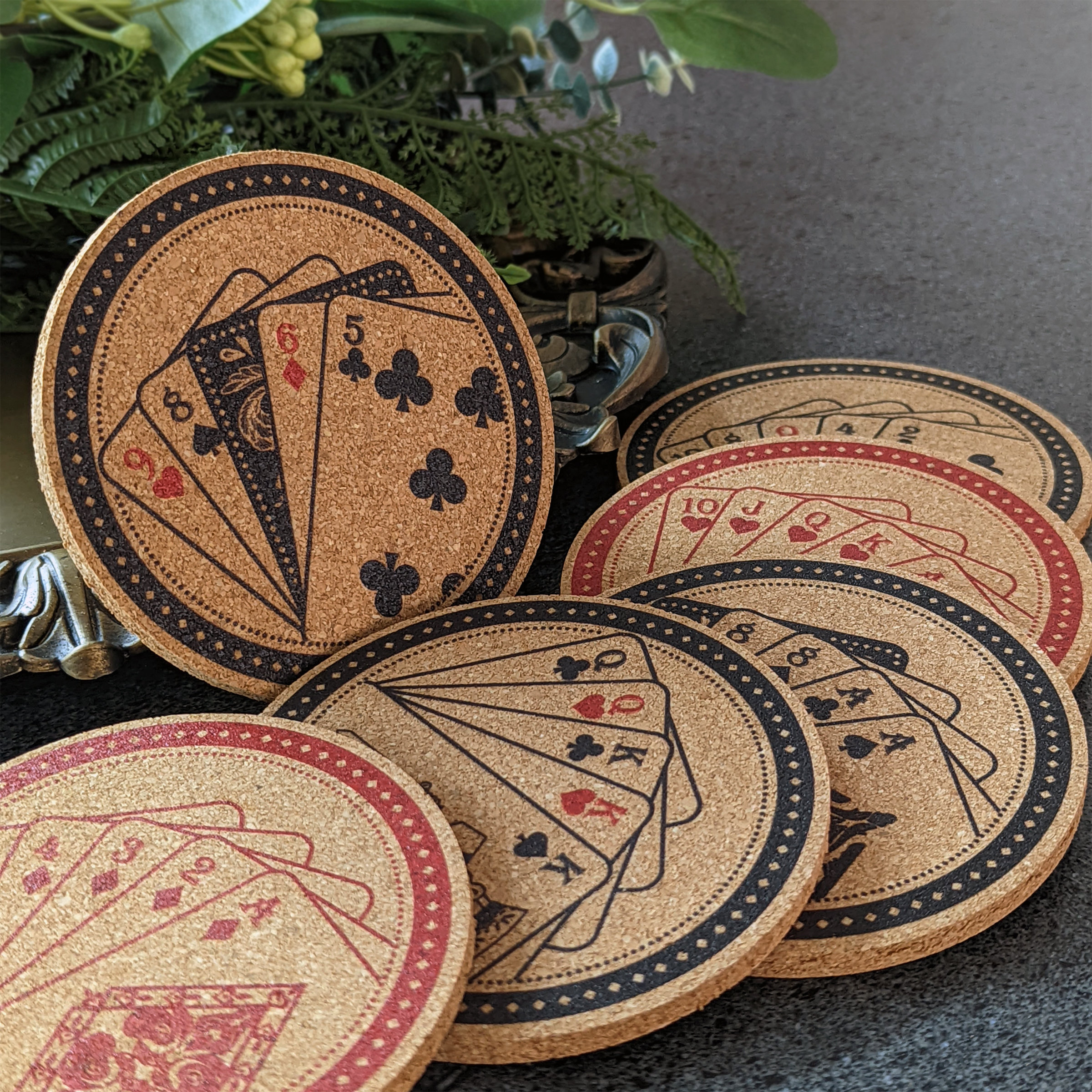 Coasters/Accessories Cork Round Coaster with Holder, 6pc Set Celebration