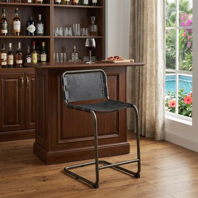 Tabouret de comptoir en cuir brun foncé avec cadre en fer