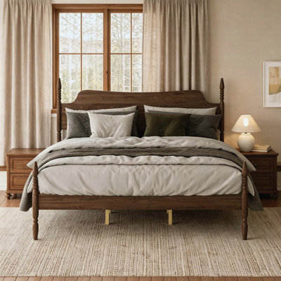 King Size Walnut Spindle Platform Bed Frame with Curved Tall Headboard, Retro Four Poster Bed, No Box Spring Needed