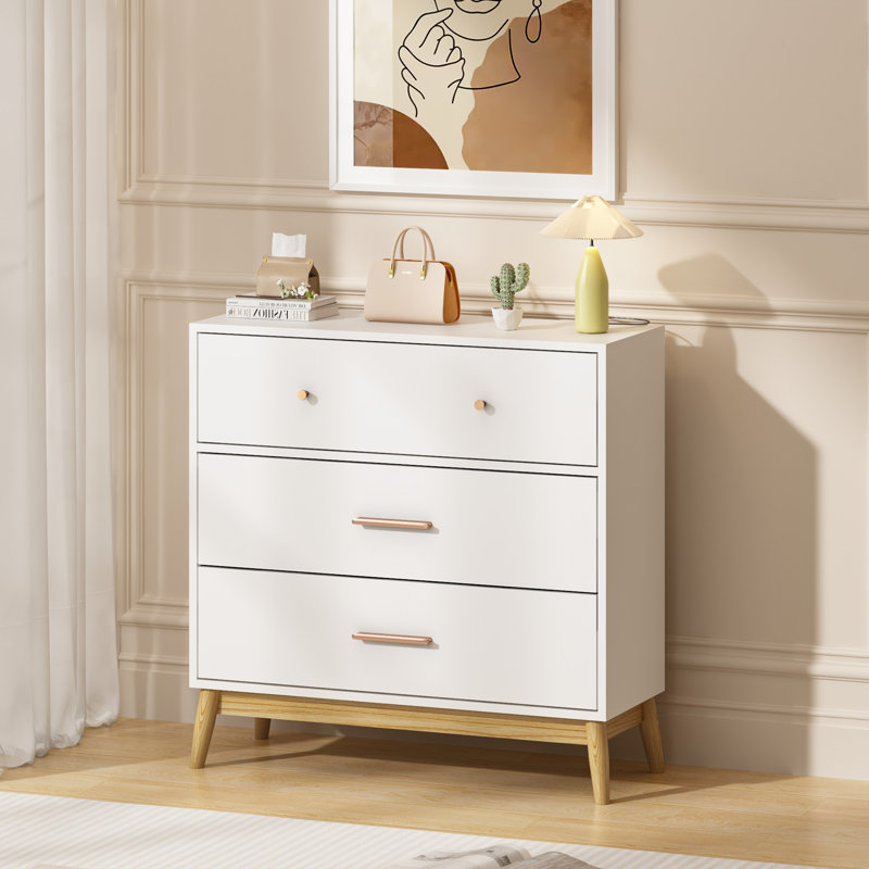 Commode 3 tiroirs Mid-Century moderne, commode en bois blanc avec pieds en bois courbés, armoire de rangement pour le salon de la chambre à coucher