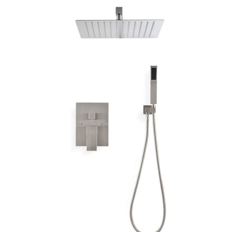 Ensemble de douche à fixation au plafond avec tête de 16 po et à main - Nickel brossé, laiton, réplique de pluie naturelle, buse autonettoyante, conforme aux critères de la norme américaine sur les tuyaux à main, finition nickel,