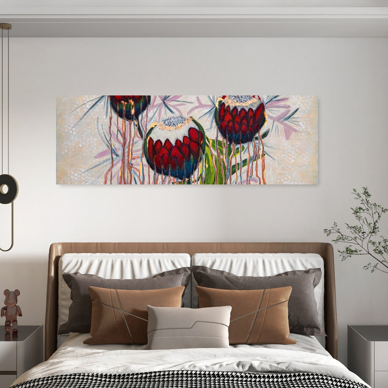 «Vibrant Dripping Proteas», art mural contemporain, H 20 po x l 60 po