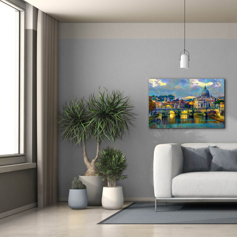 «Basilique Saint-Pierre et pont par jour» par Peter Gavidia, Art mural sur toile, H 26 po x l 40 po