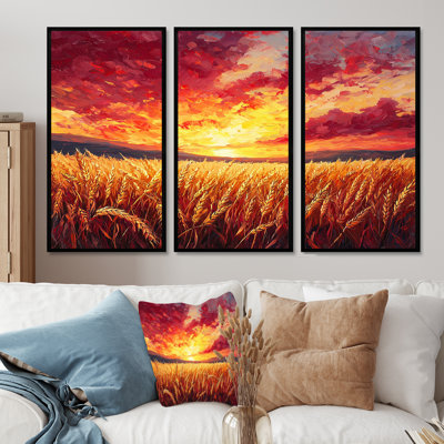 Sunset Over The Wheat Field II - Countryside Wall Art Decor - Set Of 3