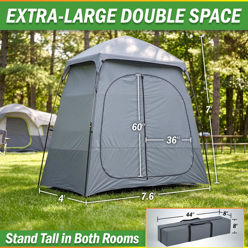 Tente de douche de camping portative double 7,6 x 4 x 7 pi, toilette de camp ou tente à langer pour la plage ou le récital avec installation facile, revêtement d'intimité argenté, poches et barre à serviettes, gris