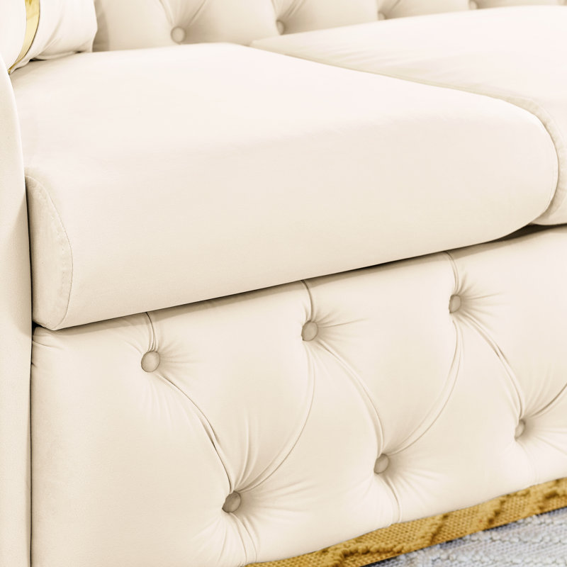 90,6 pouces velours beige, 3 places avec 2 coussins, accents en acier inoxydable doré, canapé de luxe moderne, beige, style
