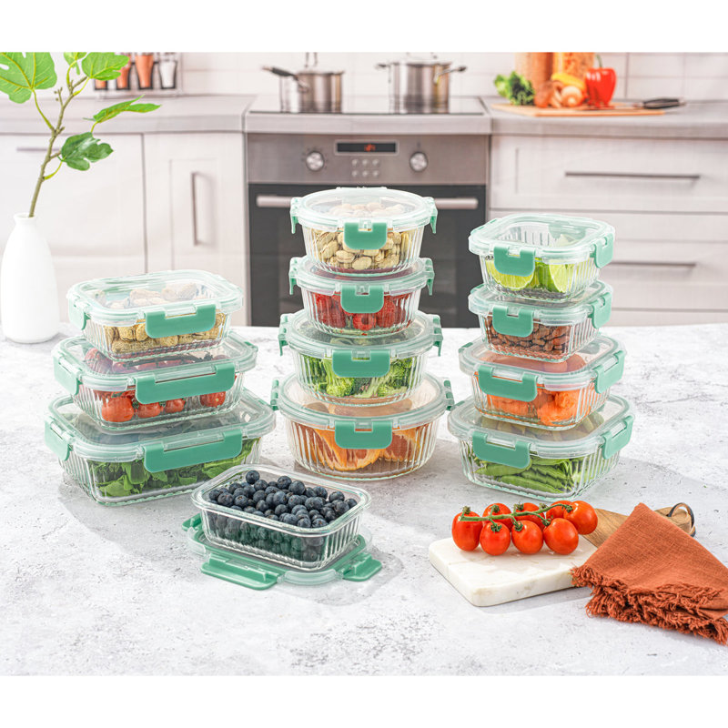 Contenant alimentaire en verre cannelé JoyJolt avec couvercles étanches, ensemble de 12, Vert