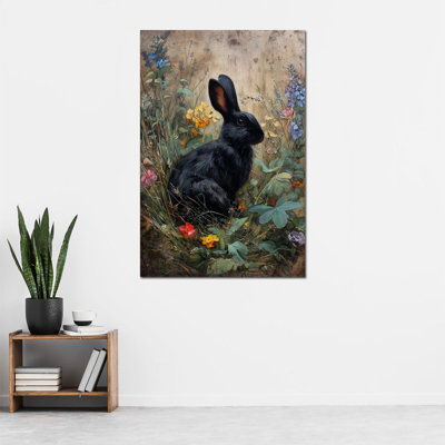  Large Bunny Art Canvas - Lapin rétro avec fleurs, décoration murale pour l'esthétique de Pâques et du printemps - Toile tendue avec cadre en pin, 28 po x 40 po