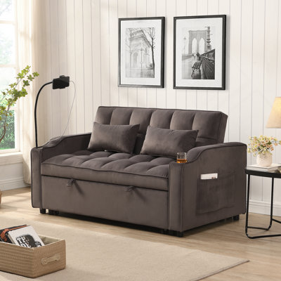 Canapé-lit futon moderne en velours avec canapé-lit, petit canapé-lit avec dossier inclinable réglable, coussins décoratifs, poches, meubles de salon, canapé-lit convertible 3 en 1