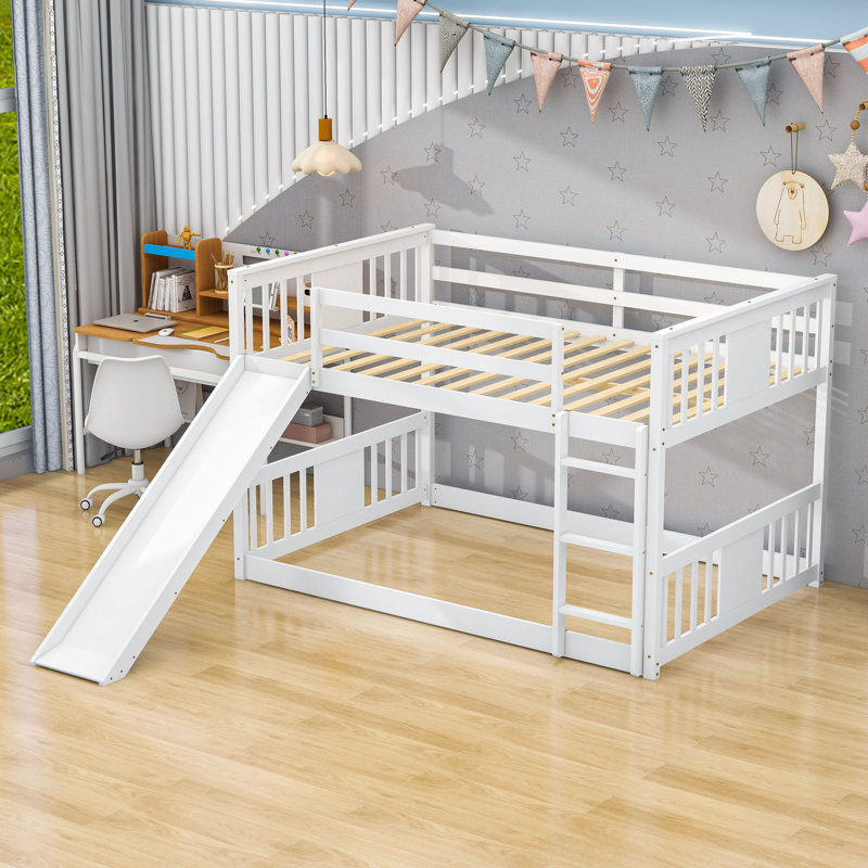 Full Over Full Wooden Standard Bunk Bed with Slide, White