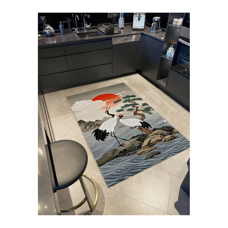Abstract Landscape and Bird Patterned Woven Base Modern Decorative Washable Rug, Rectangle 3'11" x 5'11" Rug Pad Included