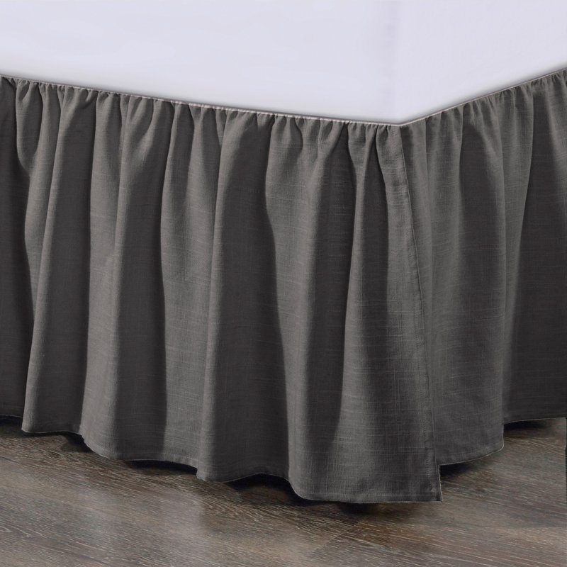 Lily Washed Linen Ruffled Romantic Farmhouse 18 inch Bed Skirt, Queen, Slate