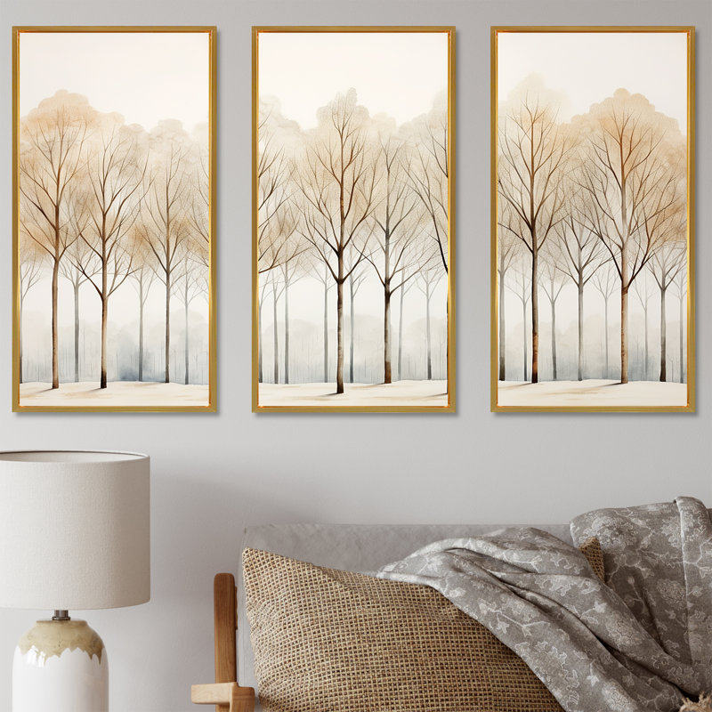Forêt, arbres, minimalisme, ensemble d'art mural, Cadre flottant doré, H 28 po x l 36 po x P 1 po