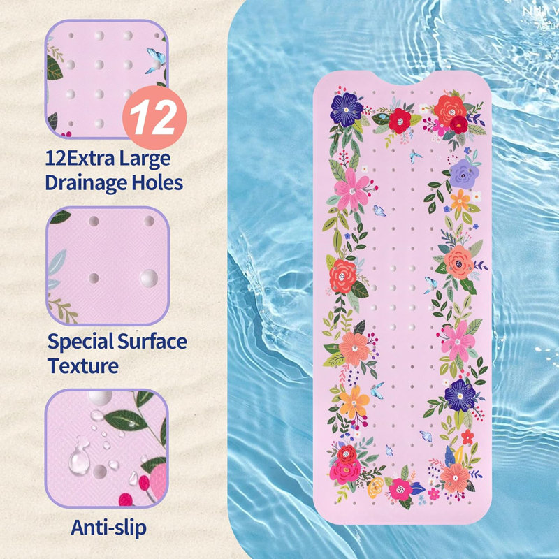 40x16" Pink Floral Non-slip Bath Mat