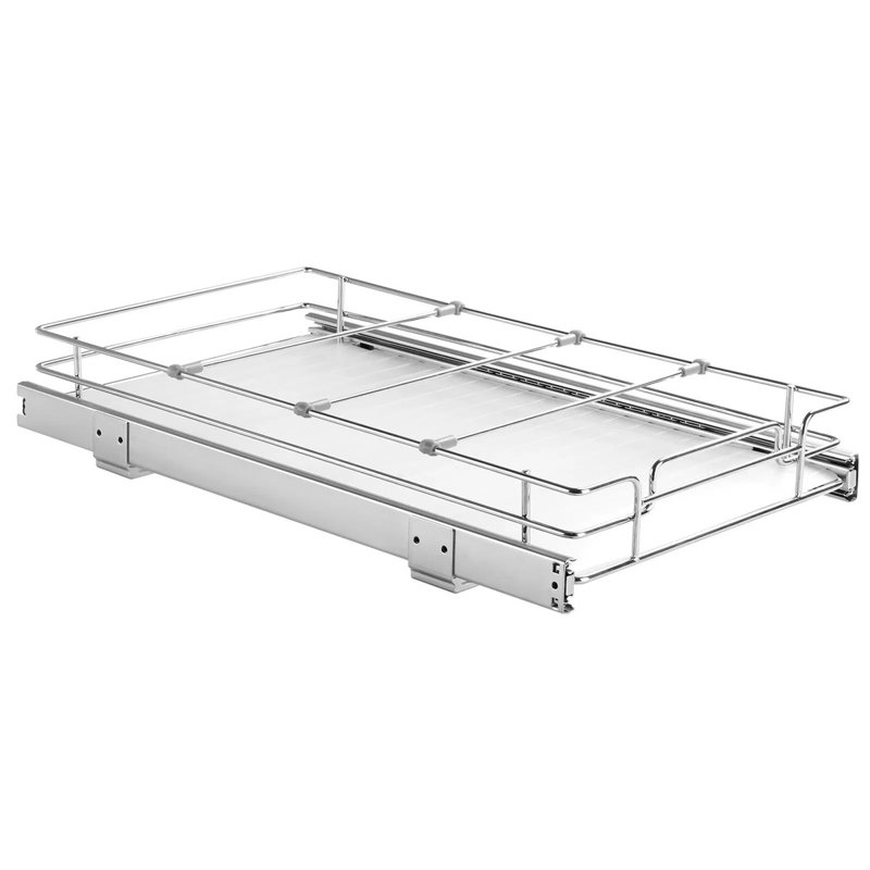Organisateur d'armoire coulissant, l 11 po x P 21 po, tablette coulissante robuste (acier chromé) - idéale pour la cuisine / salle de bain / sous l'évier, capacité de 28,6 lb, glissières à billes de qualité industrielle (douceur silencieuse), plateau amovible