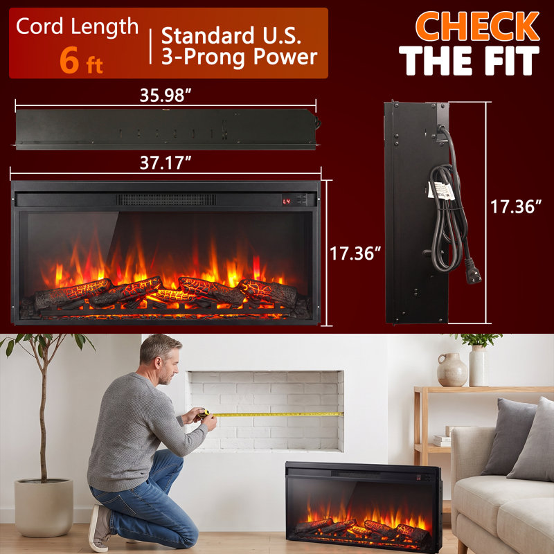 36" Electric Fireplace Insert with Log Set, Realistic 3D Flame, Remote Control, Timer and Adjustable Brightness