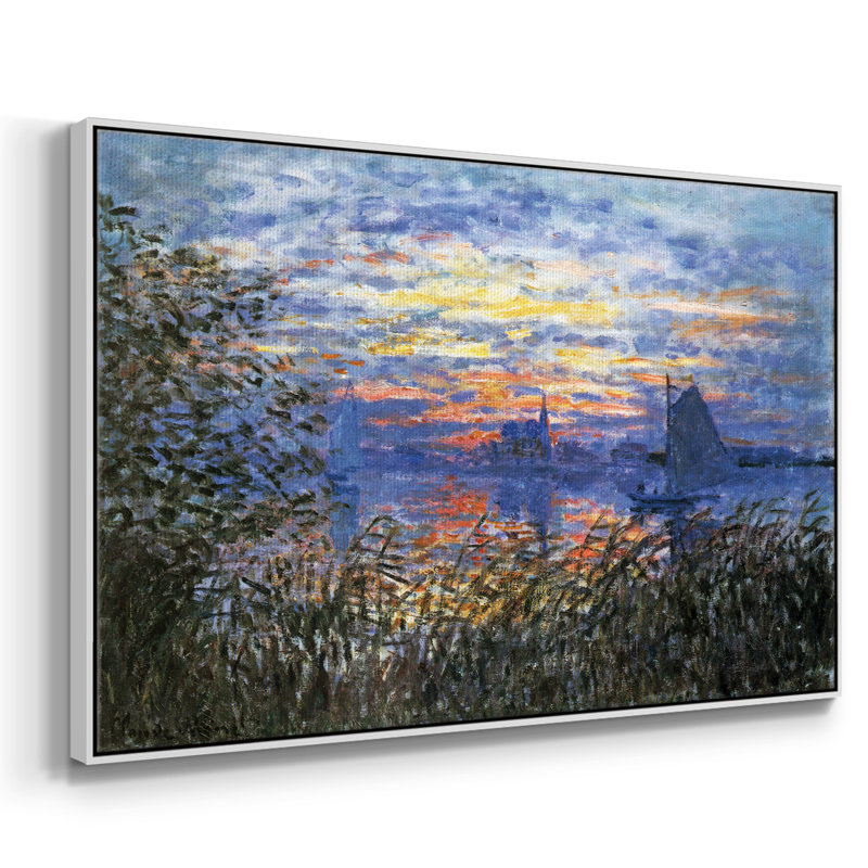" Sunset On The Seine " by Claude Monet, 17" H x 25" W x 2" D, White Floater Framed Canvas