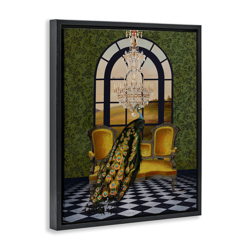 "Fancy Peacock & Chandelier", art mural sur toile flottante, design par Erika C. Brothers, Cadre flottant noir de jais